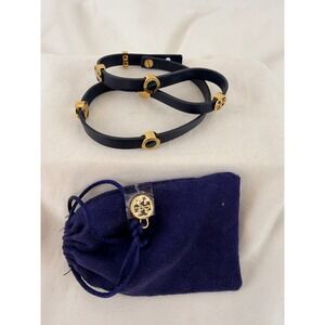 Tory Burch Reva Navy Saffiano Leather Gold Logo Double Wrap Bracelet